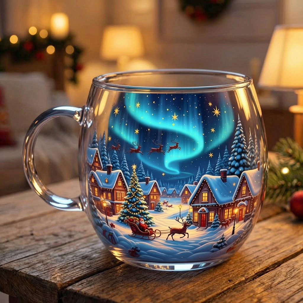 Taza de vidrio con motivos invernales en un salón acogedor