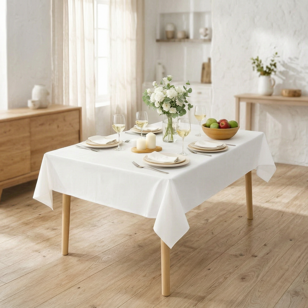 Mantel impermeable sobre una mesa de comedor luminosa