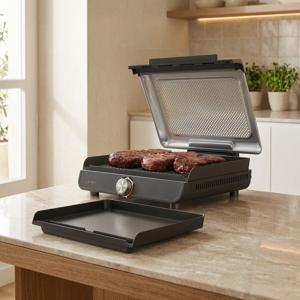 Plancha eléctrica para asar en una cocina luminosa