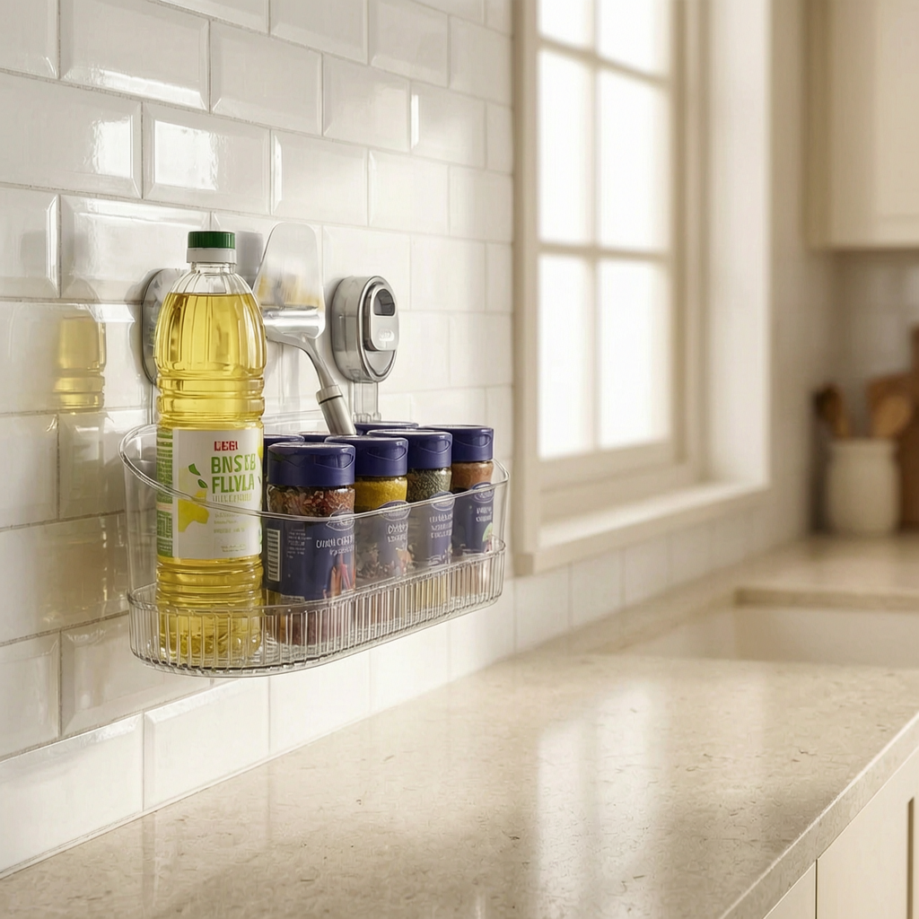 Estante de pared adhesivo en una cocina luminosa