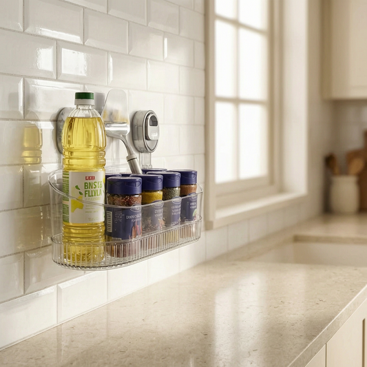 Estante de pared adhesivo en una cocina luminosa