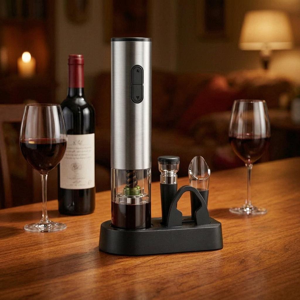 Set de sacacorchos eléctrico junto a una botella de vino