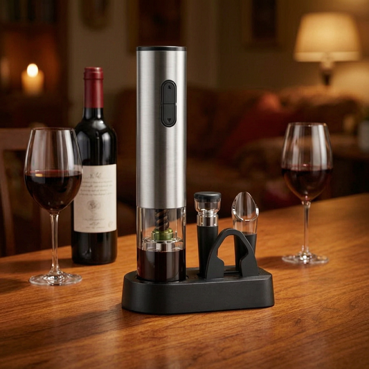 Set de sacacorchos eléctrico junto a una botella de vino