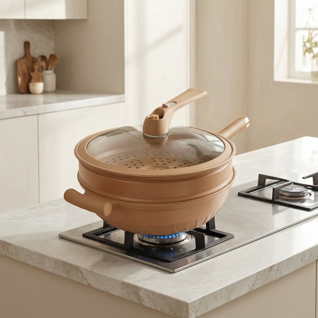 Wok antiadherente con vaporera en una cocina luminosa