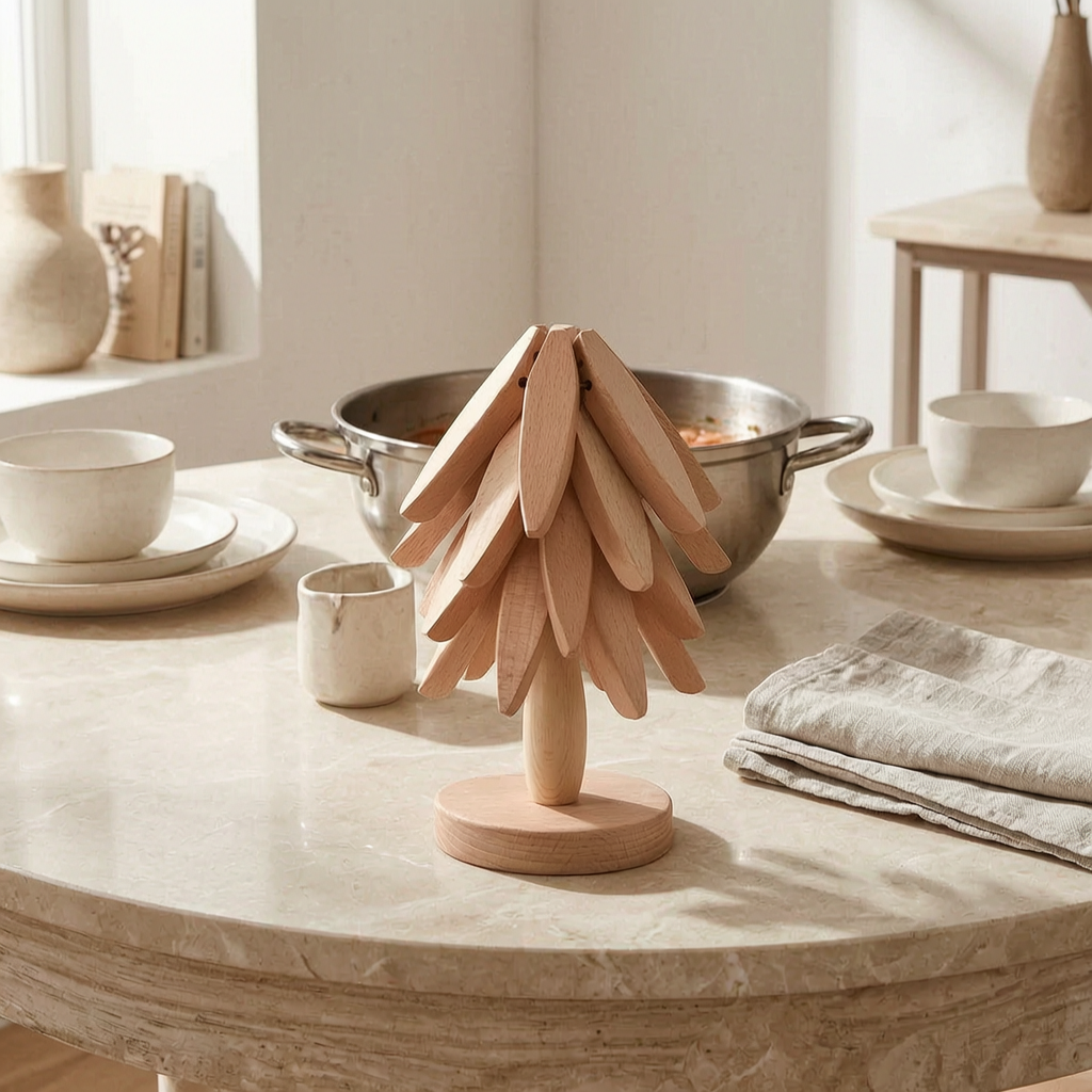 Salvamanteles plegables de madera en una mesa de comedor