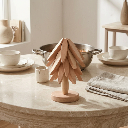 Salvamanteles plegables de madera en una mesa de comedor
