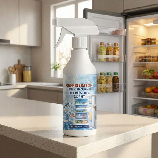Spray descongelante junto a una nevera en una cocina luminosa