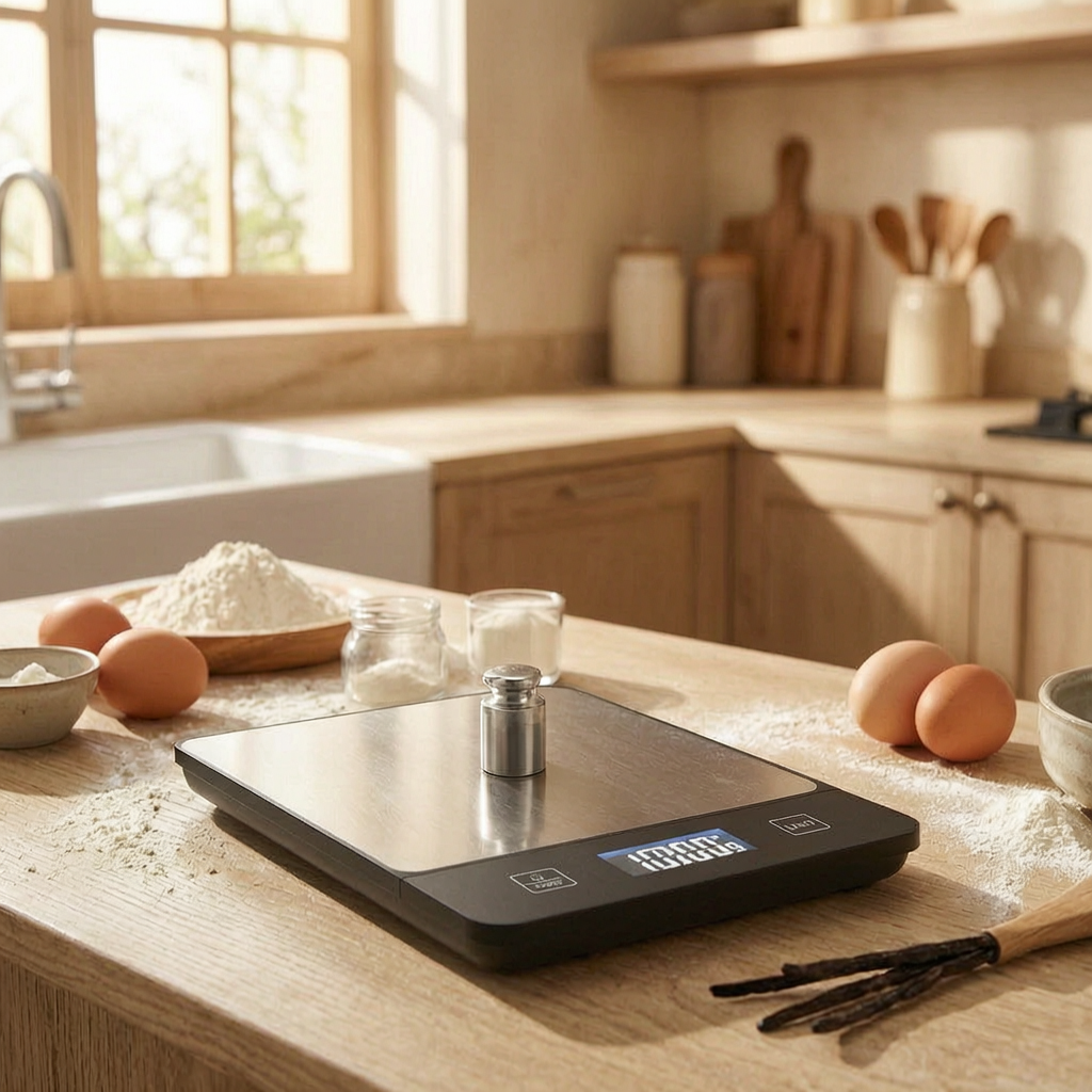 Báscula de cocina digital de acero inoxidable en una cocina luminosa