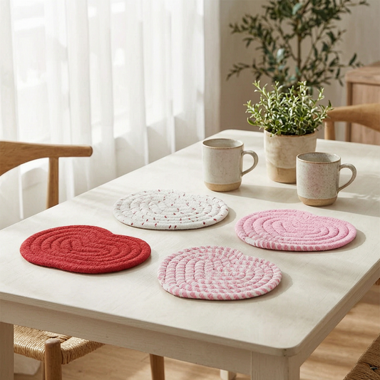 Posavasos tejidos en forma de corazón en una mesa luminosa