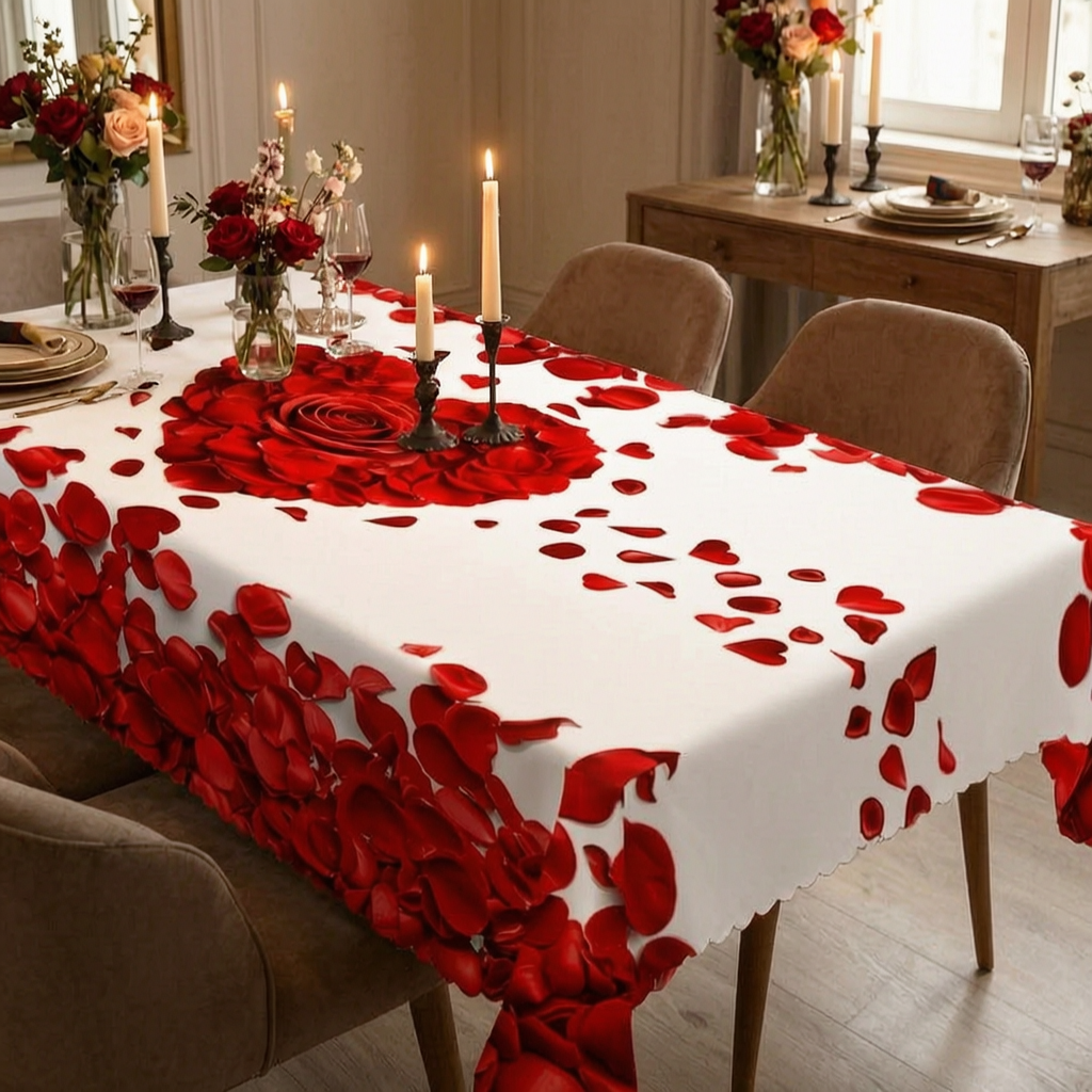 Mantel con corazón de pétalos de rosa en una cena romántica