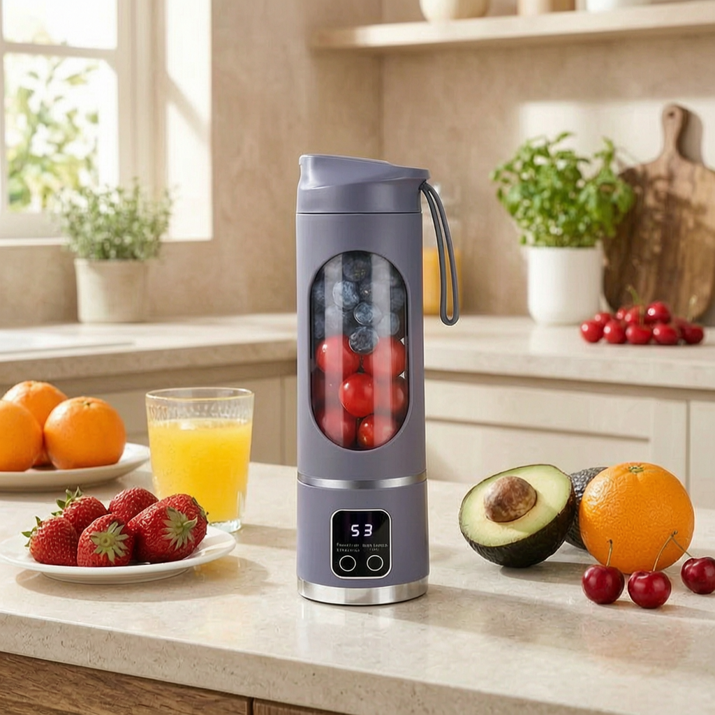 Vaso licuadora portátil con fruta fresca en una cocina luminosa