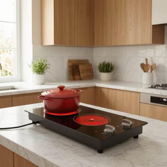 Cocina eléctrica portátil de dos fuegos en una cocina luminosa