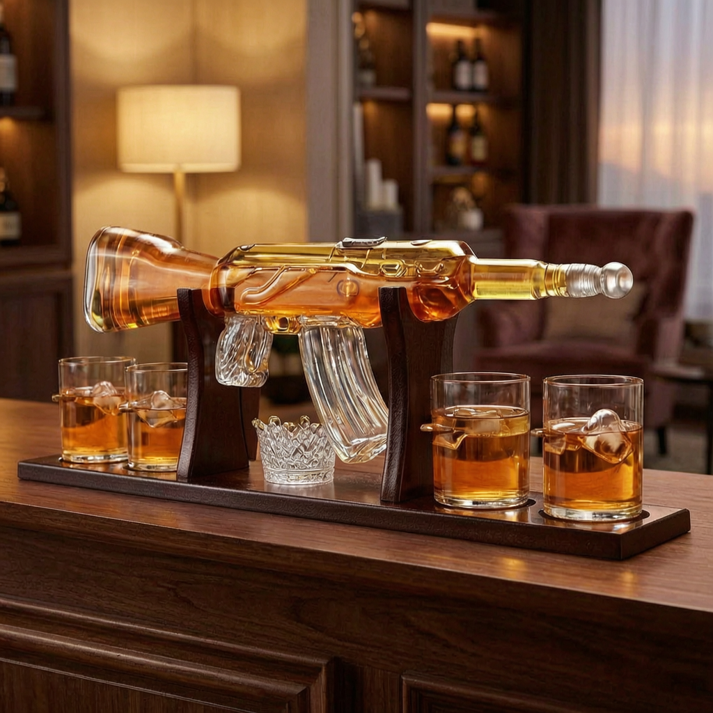 Decantador de whisky con soporte en una barra de salón