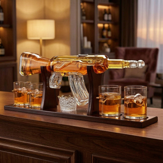 Decantador de whisky con soporte en una barra de salón