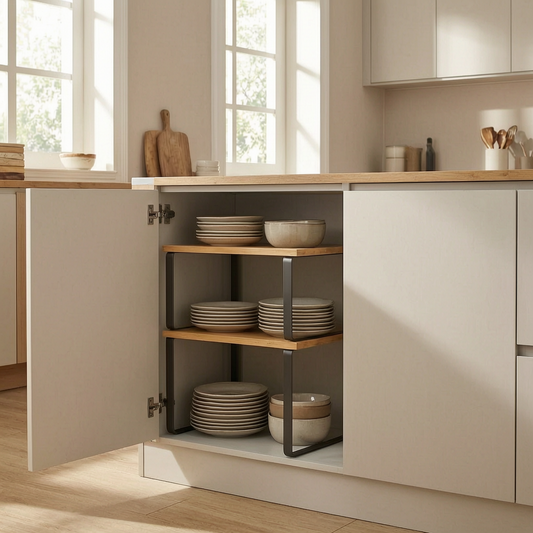 Organizador de estantes apilable dentro de un armario de cocina