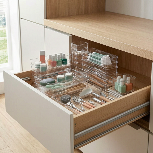 Bandejas organizadoras dentro de un cajón de cocina