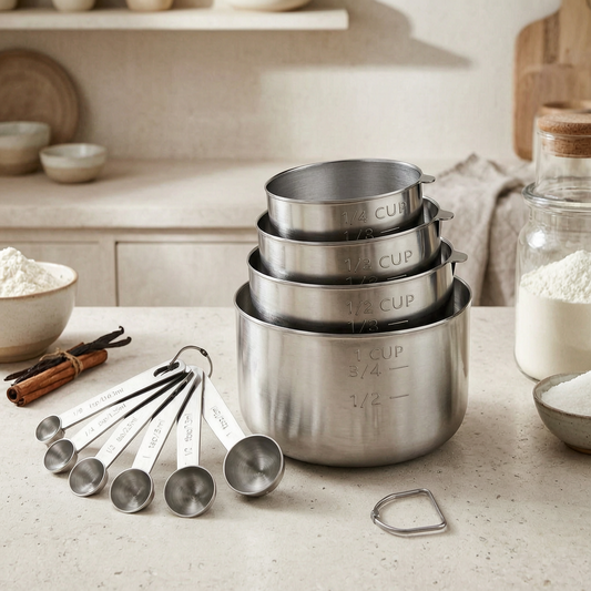 Tazas y cucharas medidoras de acero inoxidable en una cocina luminosa