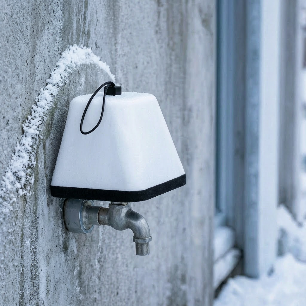 Cubierta aislante para grifo exterior en una fachada en invierno