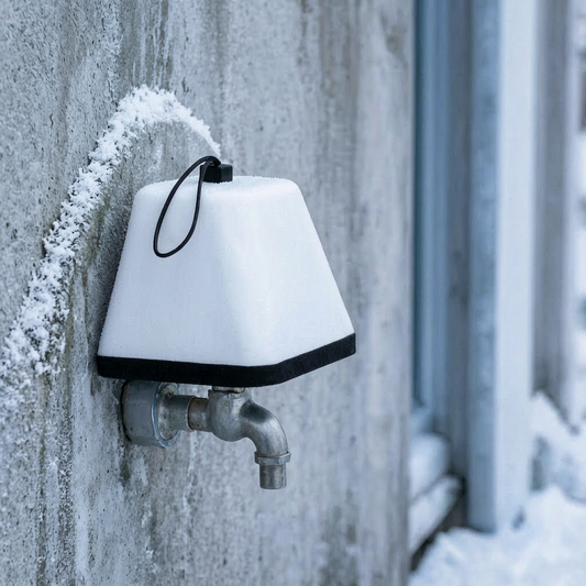 Cubierta aislante para grifo exterior en una fachada en invierno