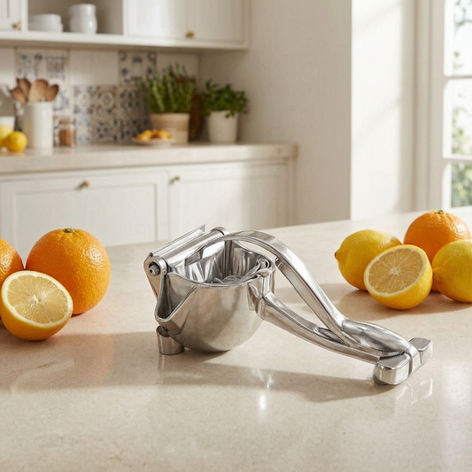 Exprimidor manual de cítricos con naranjas en una cocina luminosa