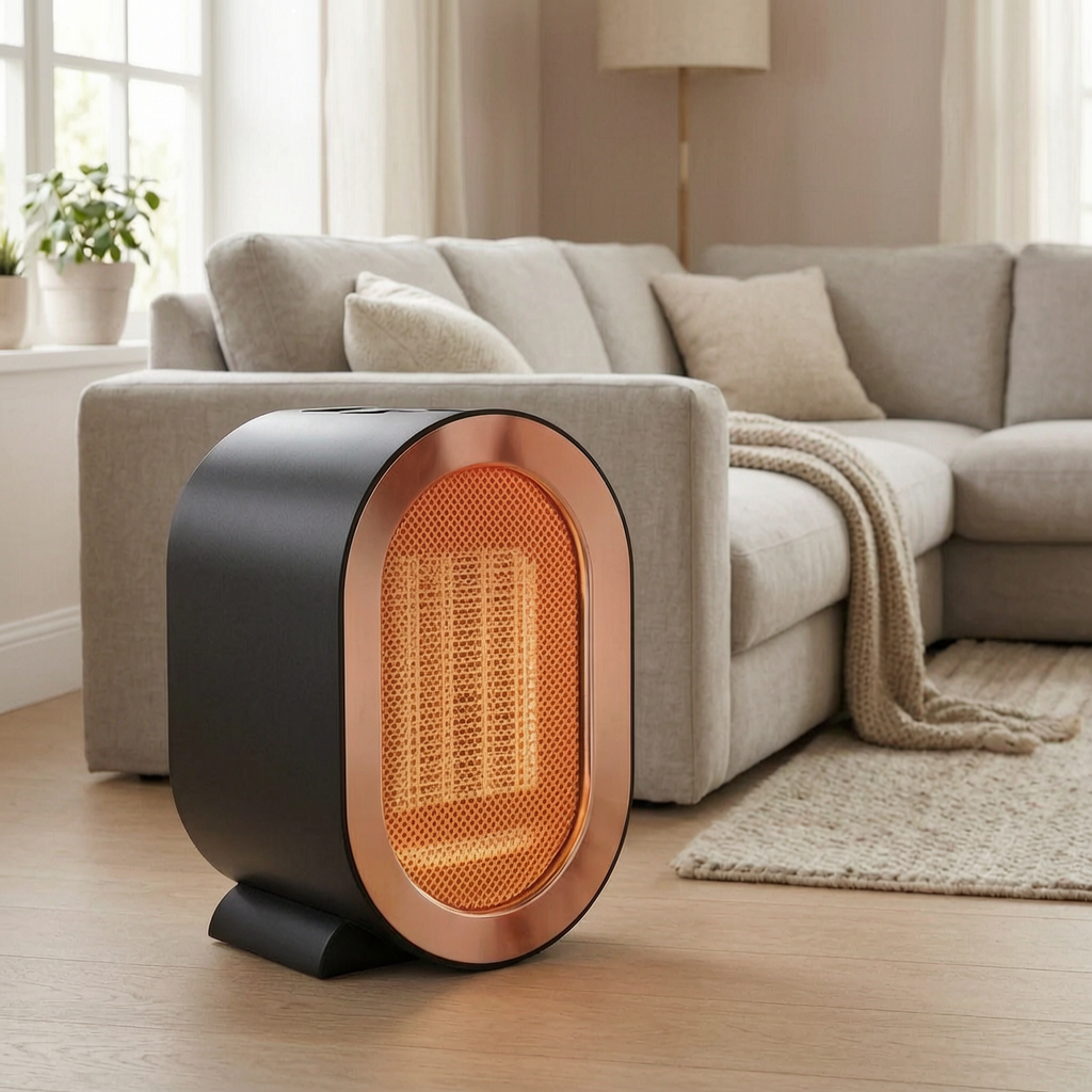 Calefactor eléctrico pequeño en un salón acogedor