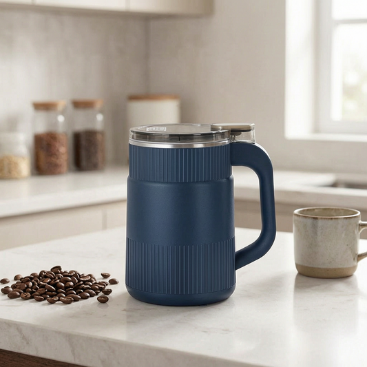 Molinillo eléctrico de café con granos en una cocina luminosa
