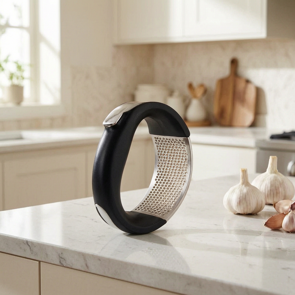 Prensa de ajos de acero inoxidable en una cocina luminosa