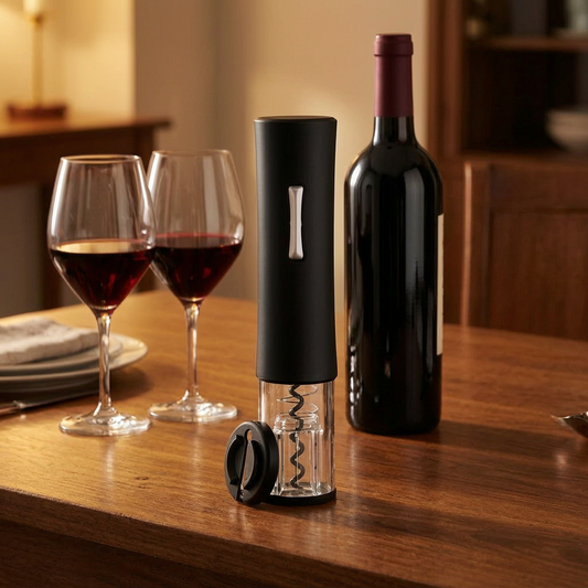 Sacacorchos eléctrico junto a una botella de vino