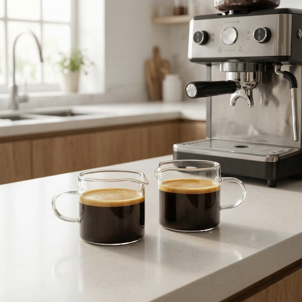 Tazas de espresso de vidrio junto a una cafetera