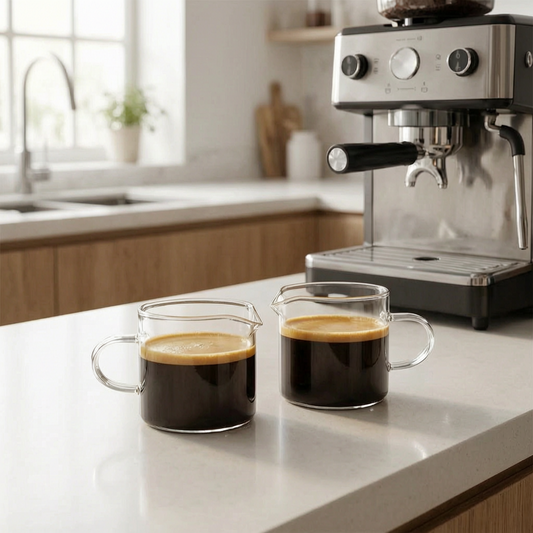 Tazas de espresso de vidrio junto a una cafetera