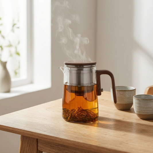 Tetera de vidrio con infusor en una mesa de madera