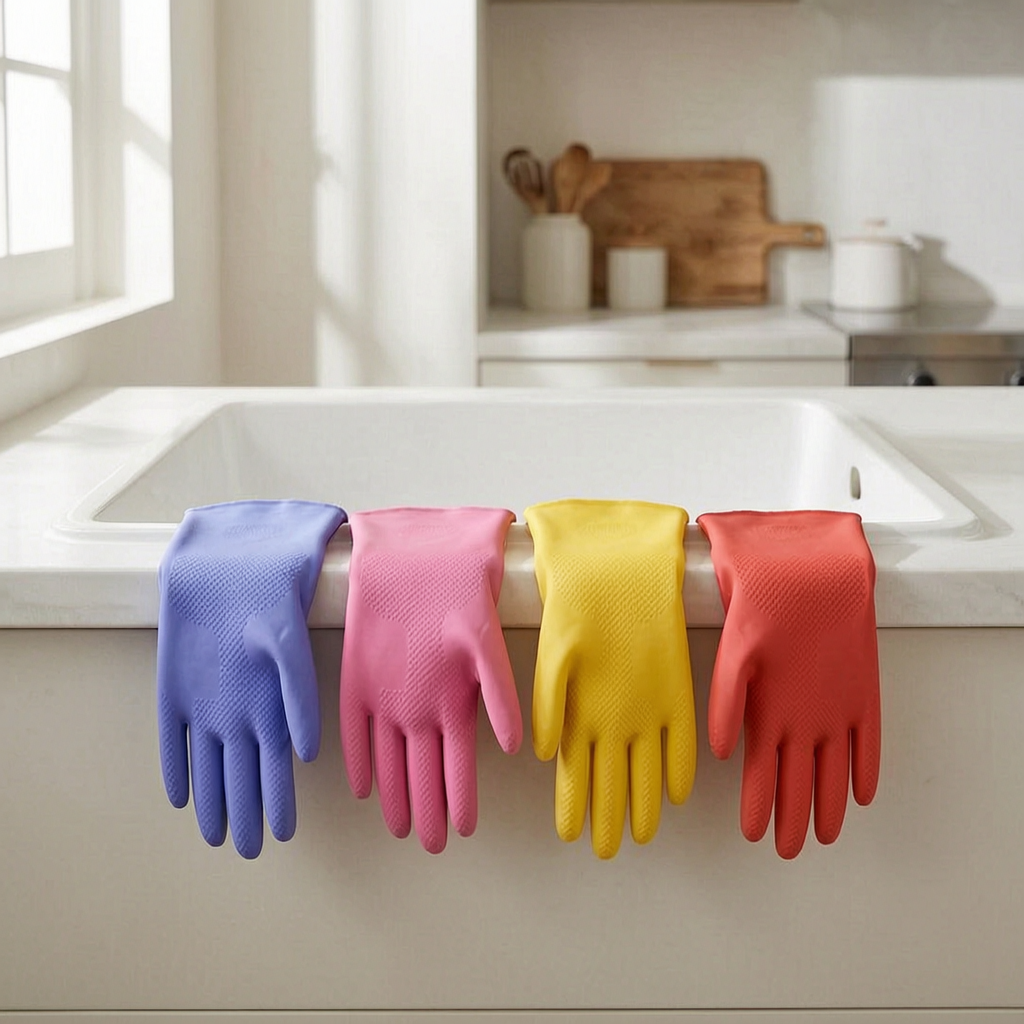 Guantes de limpieza de goma en el fregadero de una cocina