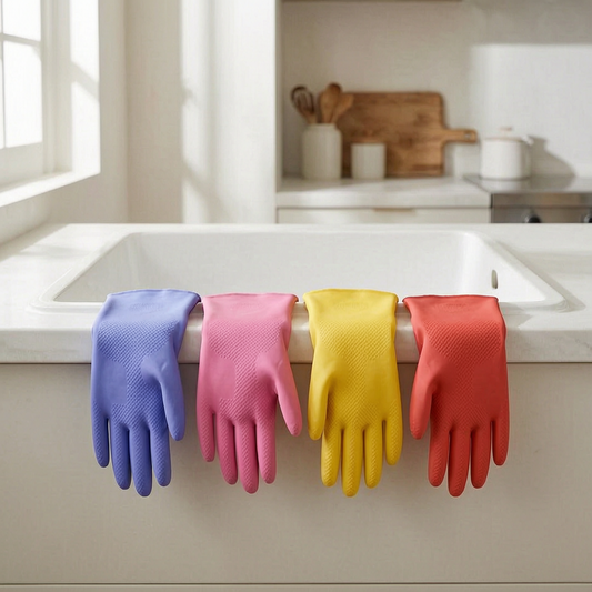 Guantes de limpieza de goma en el fregadero de una cocina