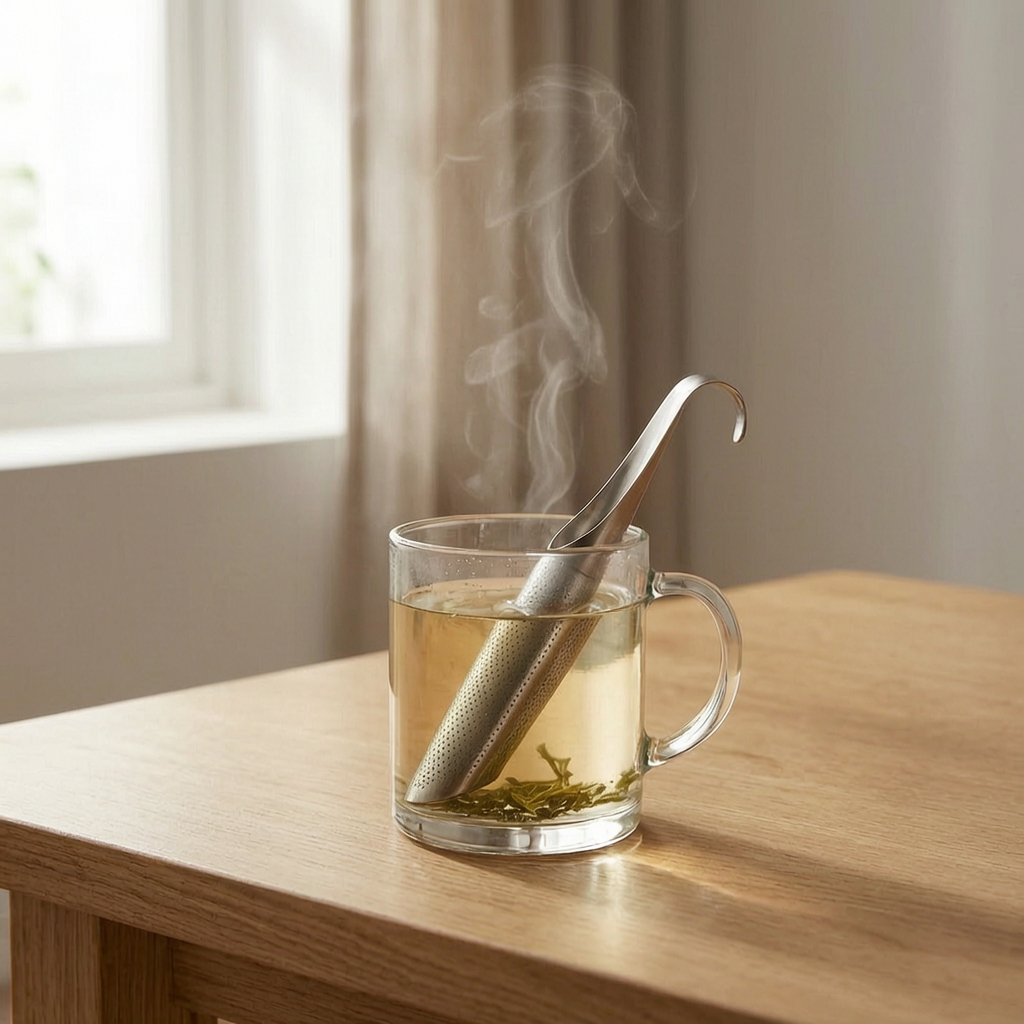Infusor de té de acero inoxidable en una taza