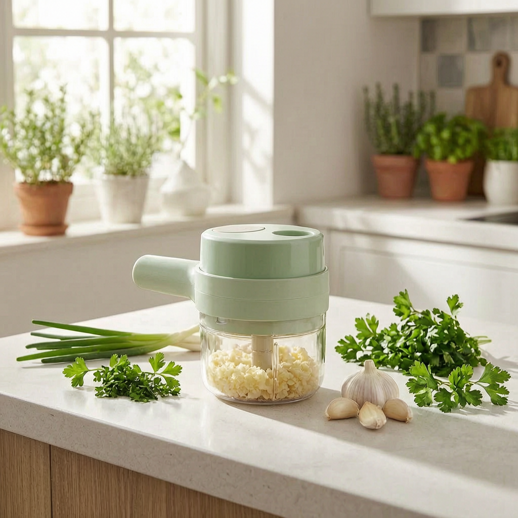 Picadora de verduras eléctrica en una cocina luminosa