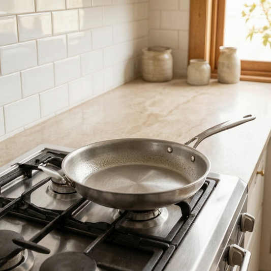 Sartén de acero antiadherente sobre la placa de una cocina