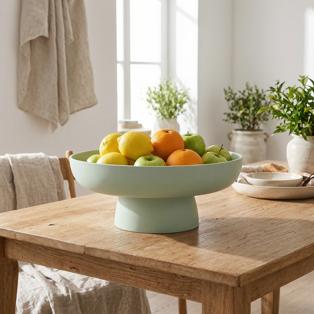 Frutero de cerámica retro con fruta en una mesa de comedor