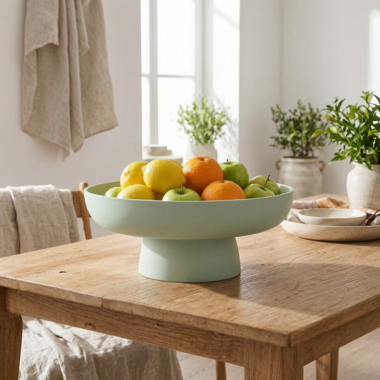 Frutero de cerámica retro con fruta en una mesa de comedor