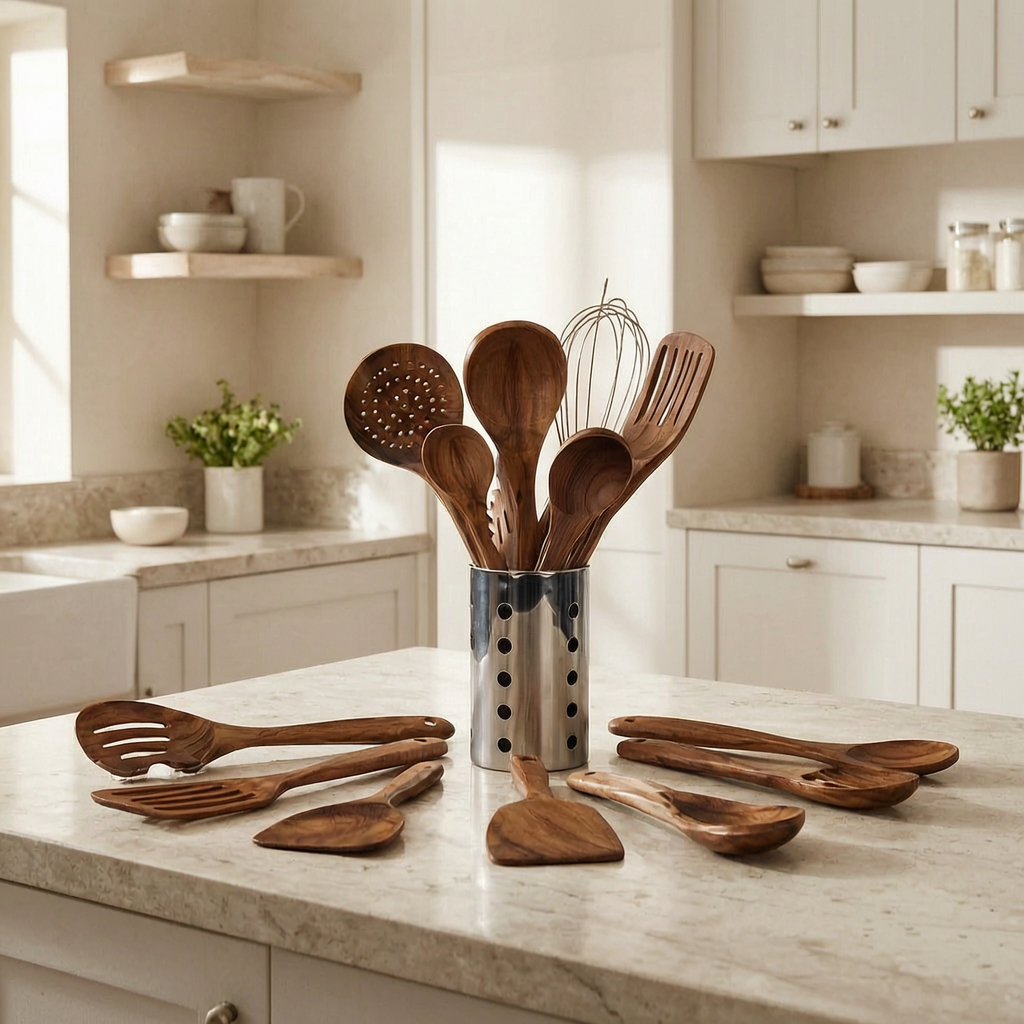 Set de utensilios de madera natural en una cocina luminosa