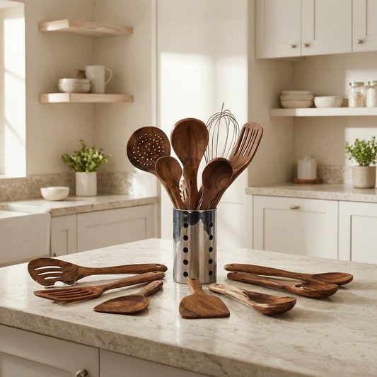 Set de utensilios de madera natural en una cocina luminosa