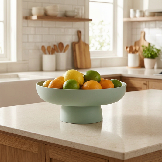 Frutero de cerámica decorativo en una isla de cocina