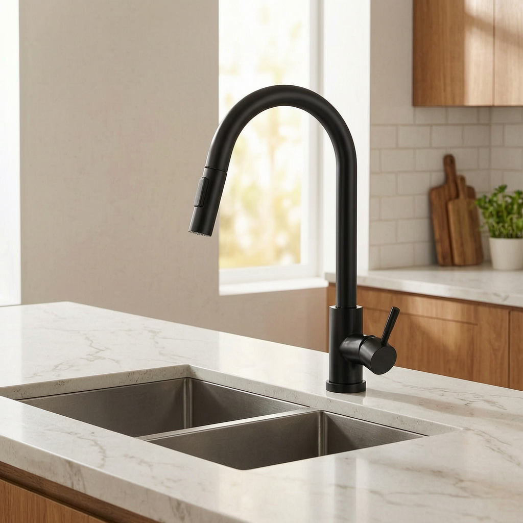 Grifo de cocina extraíble instalado en un fregadero luminoso