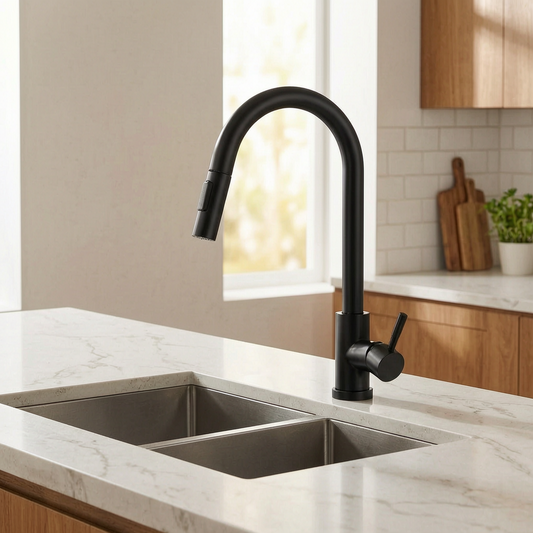 Grifo de cocina extraíble instalado en un fregadero luminoso