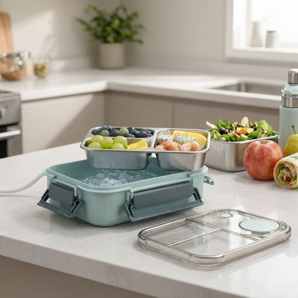 Fiambrera bento de acero inoxidable en una cocina luminosa