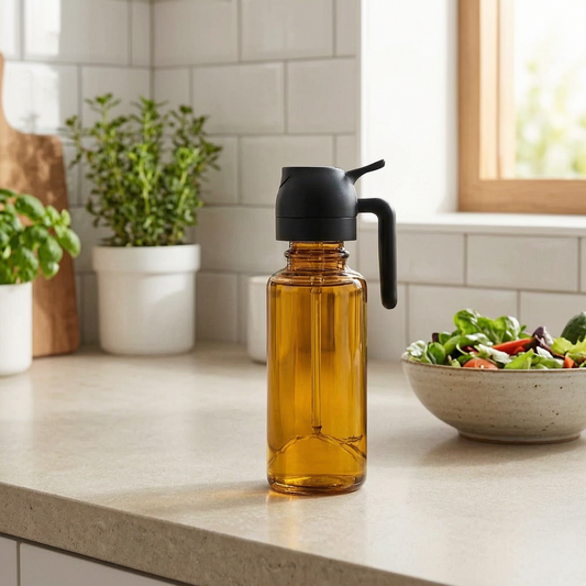 Botella pulverizadora de aceite junto a una ensalada
