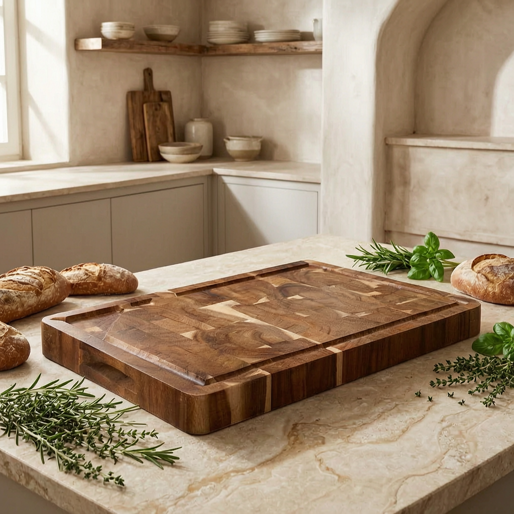 Tabla de cortar de acacia con pan y hierbas