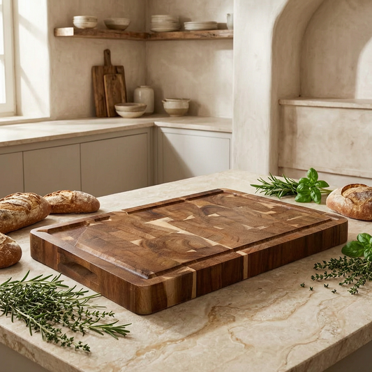 Tabla de cortar de acacia con pan y hierbas