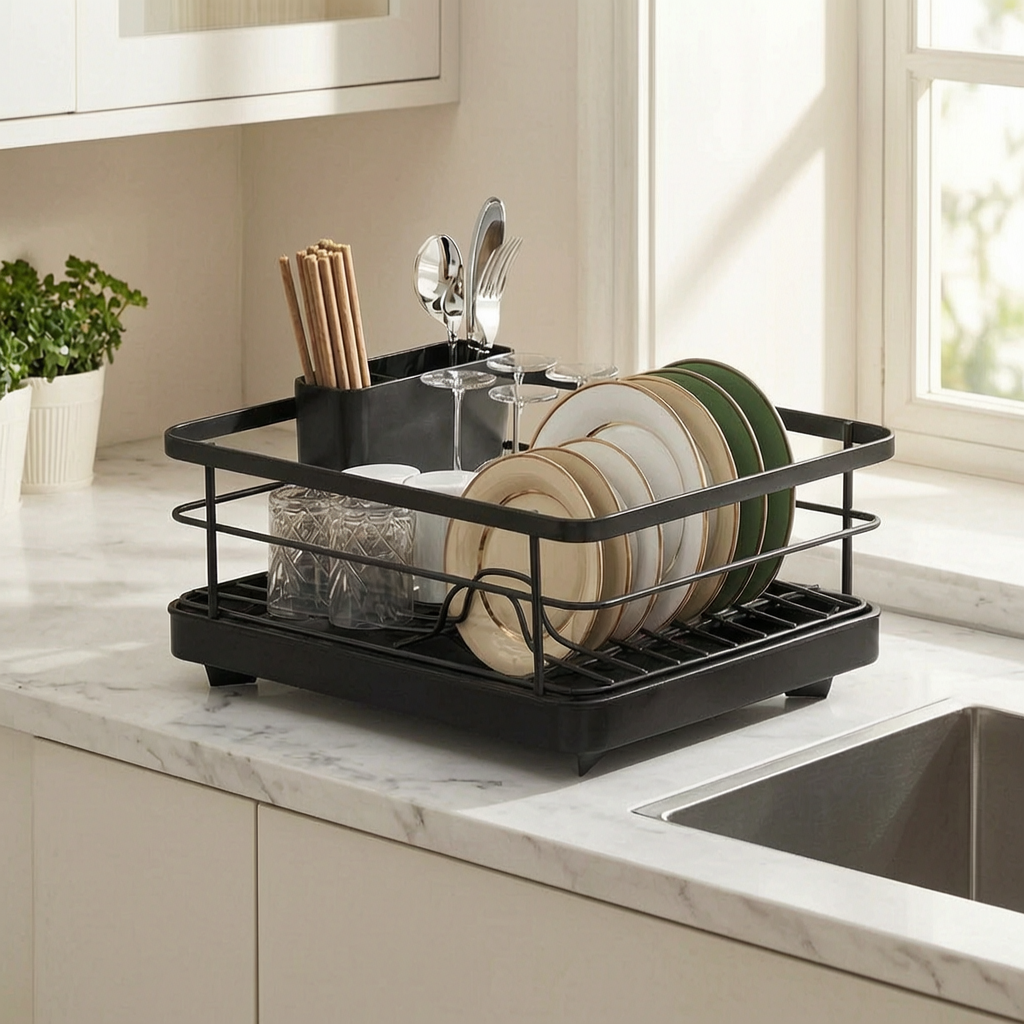 Escurreplatos compacto junto al fregadero de una cocina luminosa