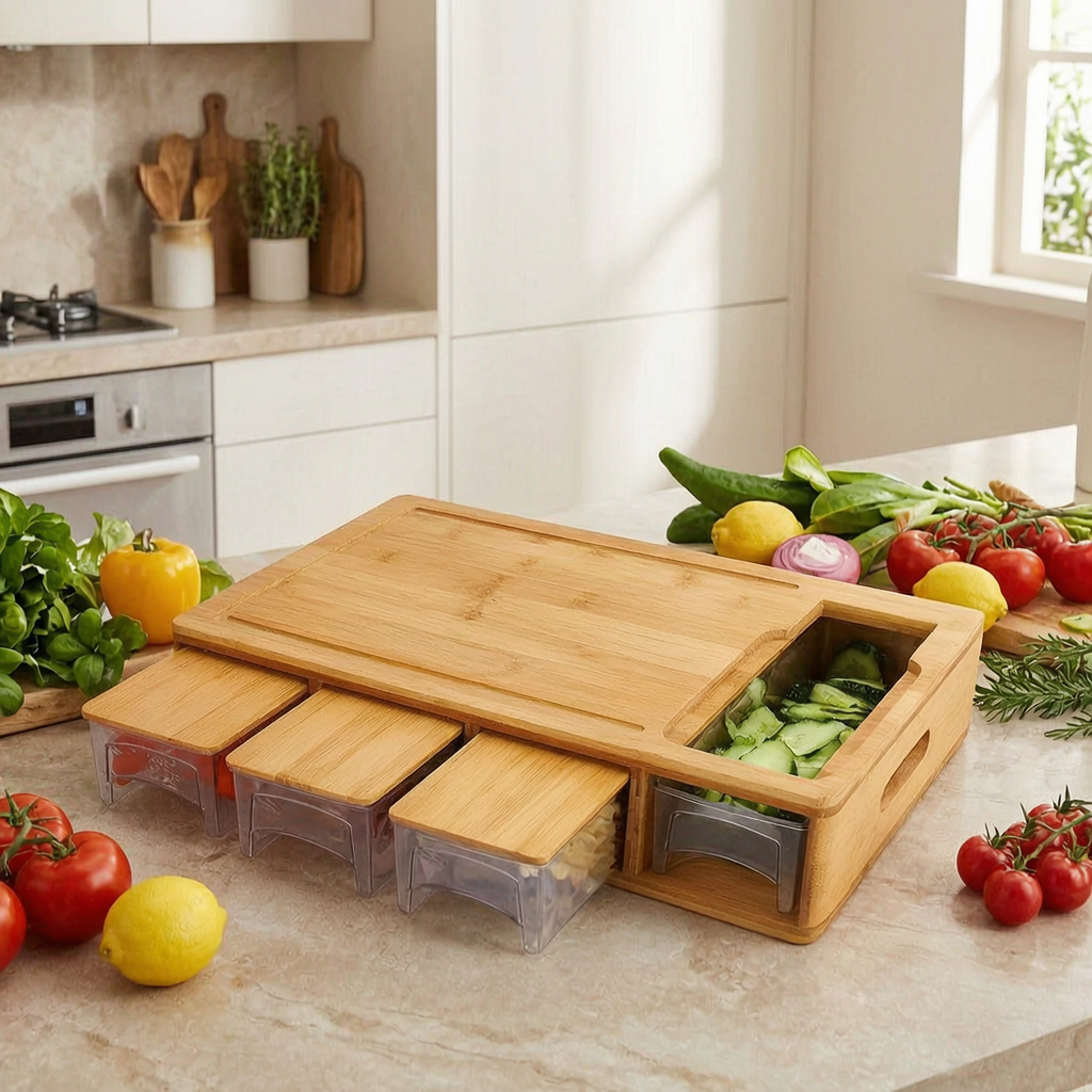 Tabla de cortar de bambú con bandejas en una cocina luminosa