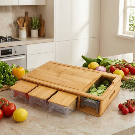 Tabla de cortar de bambú con bandejas en una cocina luminosa